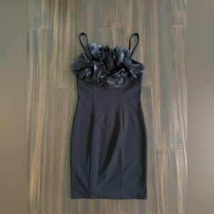 Black Mini Dress Floral Appliqué Strap Dress XS Party Cocktail